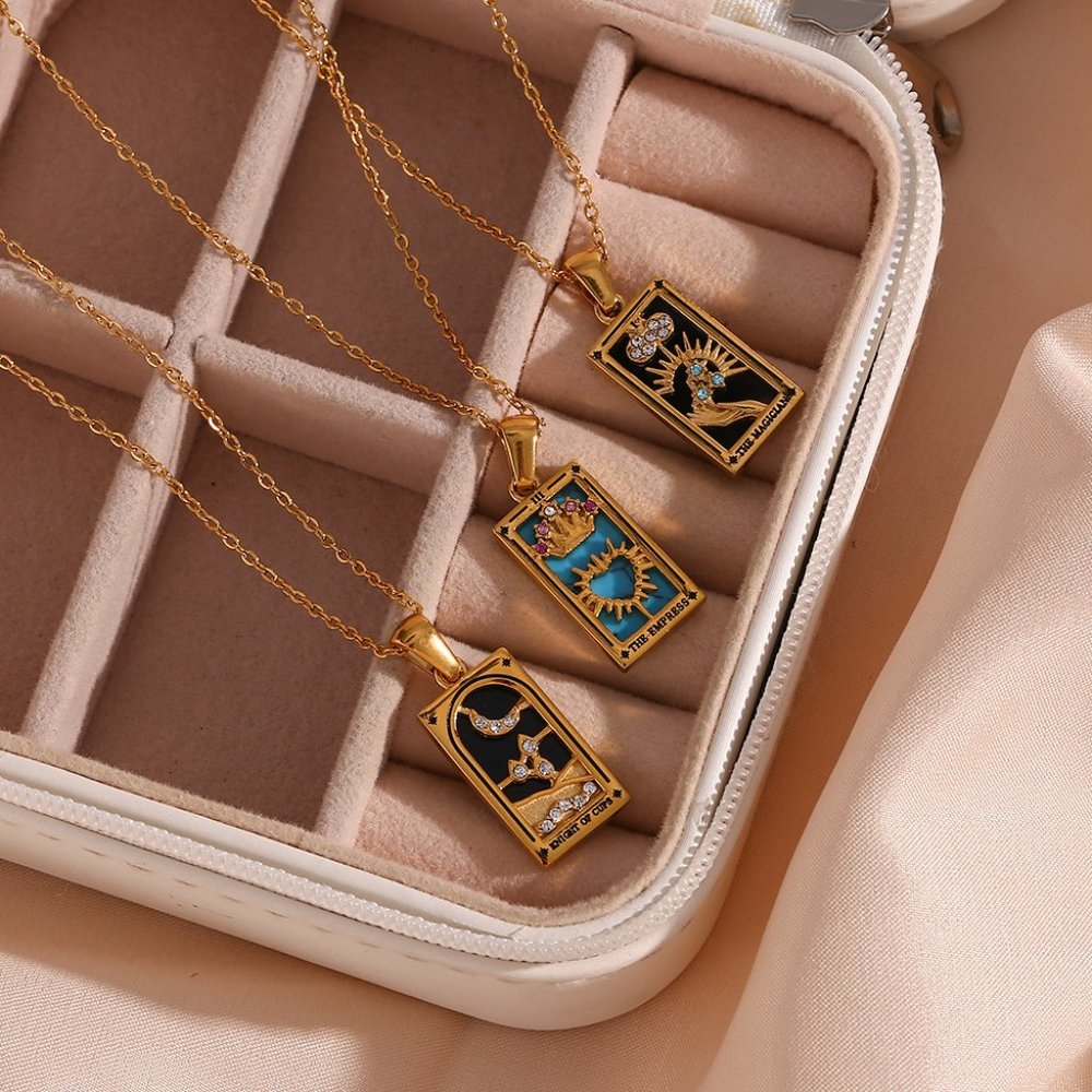 Magician Tarot Card Pendant Necklace 18K Gold Enamel Rectangle Stainless… - Picture 6 of 11